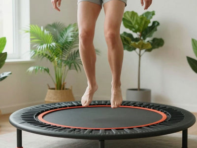 Person exercising on a rebounder for lymphatic health.