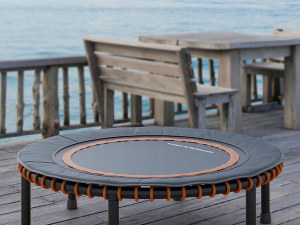 Small trampoline on wooden deck by the sea, benches nearby.