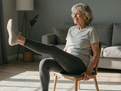 Senior woman doing chair exercises for belly fat.