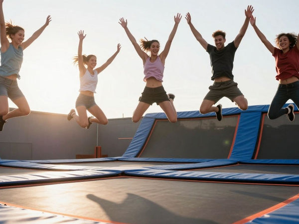 People jumping on a trampoline for fitness.