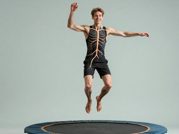 Person jumping on trampoline, lymphatic system illustration.