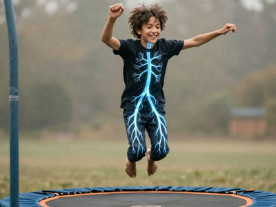 Person bouncing on trampoline, lymphatic health visualization.