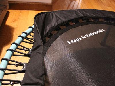 Small indoor trampoline with 'Leaps & ReBounds' logo, wooden floor.