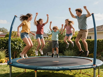 Family enjoying a trampoline in a sunny backyard.