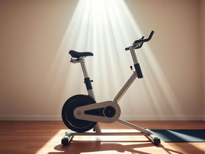 Modern exercise bike in a sunlit home gym.