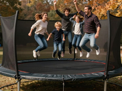 Family jumping on a trampoline during Black Friday sale.