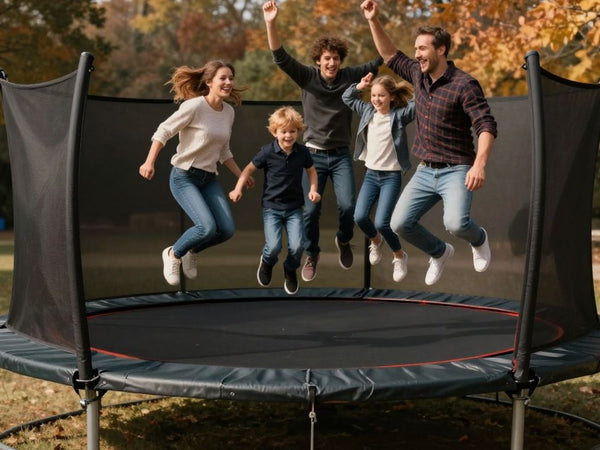 Family jumping on a trampoline during Black Friday sale.