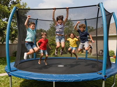 14ft trampoline in a sunny backyard with kids jumping.