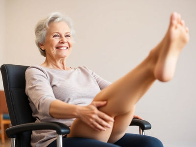 Senior woman doing chair exercises for belly fat.