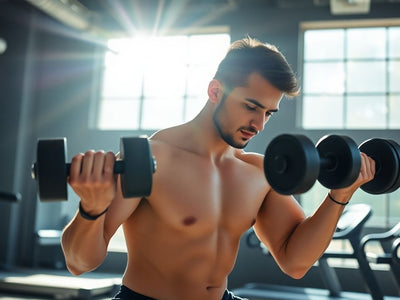 Beginner performing dumbbell row in a sunlit gym.