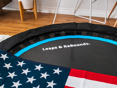 American flag on trampoline, modern chair, plant, and furniture.