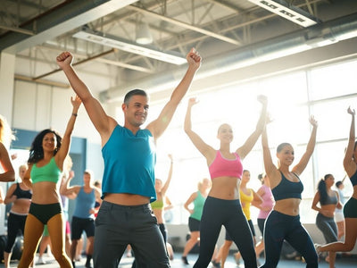 People exercising in a bright, modern gym.