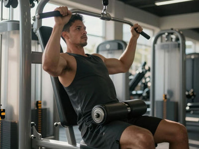 Person using a lat pulldown machine during a back workout.