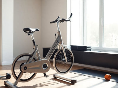 Sleek exercise bicycle in a bright home gym setting.