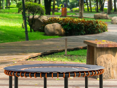 Small trampoline on wooden path in a green park setting.
