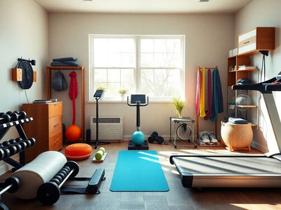 Home gym with various fitness equipment.