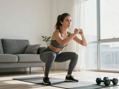 Woman doing a home workout with dumbbells.