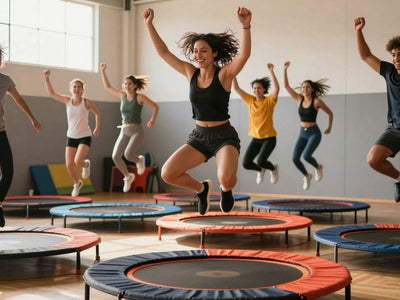 People exercising on mini trampolines, smiling and jumping.