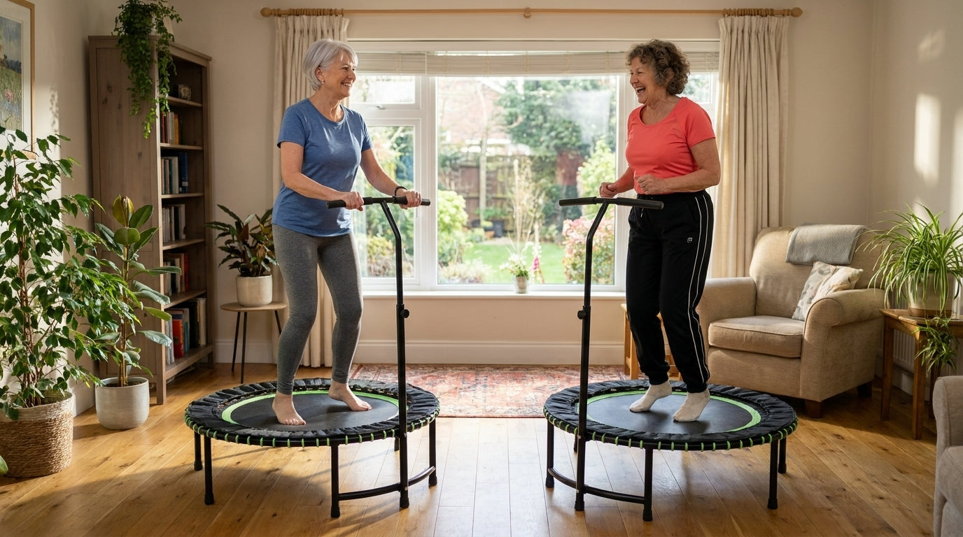 Two smiling women bouncing on Leaps and Rebounds rebounders in a bright living room
