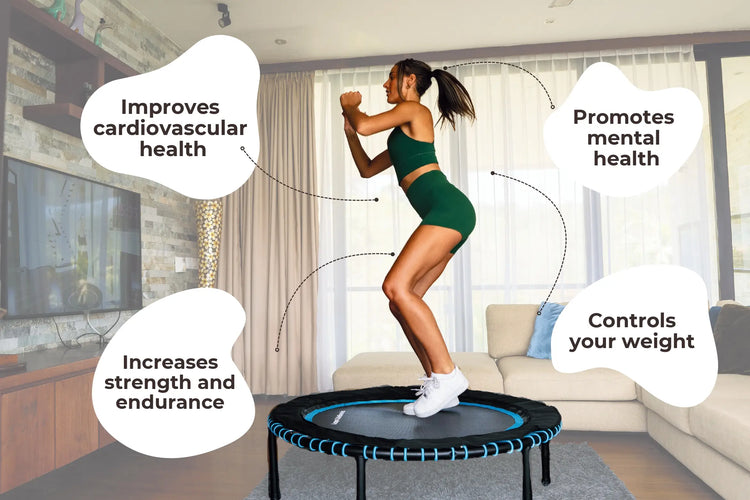 Woman exercising on a Leaps and Rebounds Fitness trampoline in a living room with health benefits text.