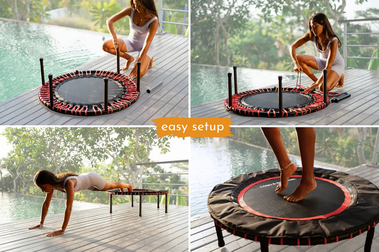 Woman setting up a small Leaps and Rebounds fitness trampoline by a poolside.