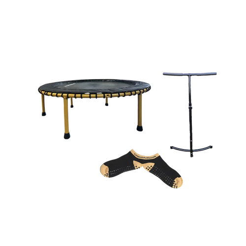 Gold Rush leaps and rebounds rebounder with stability bar and matching socks on see through background