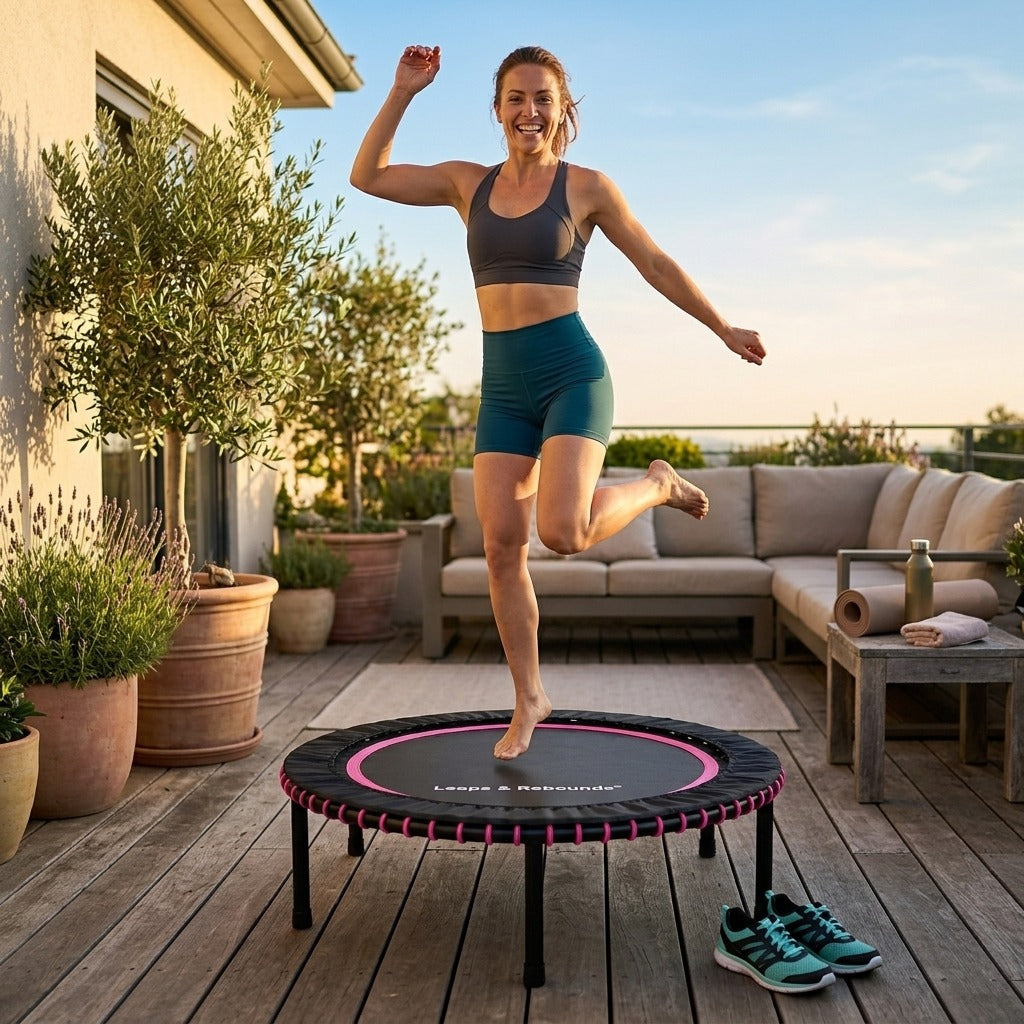 Woman bouncing joyfully on a Leaps & Rebounds mini trampoline on a sunny terrace