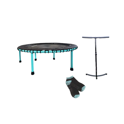 Miami Sky leaps and rebounds rebounder with stability bar and matching socks on see through background