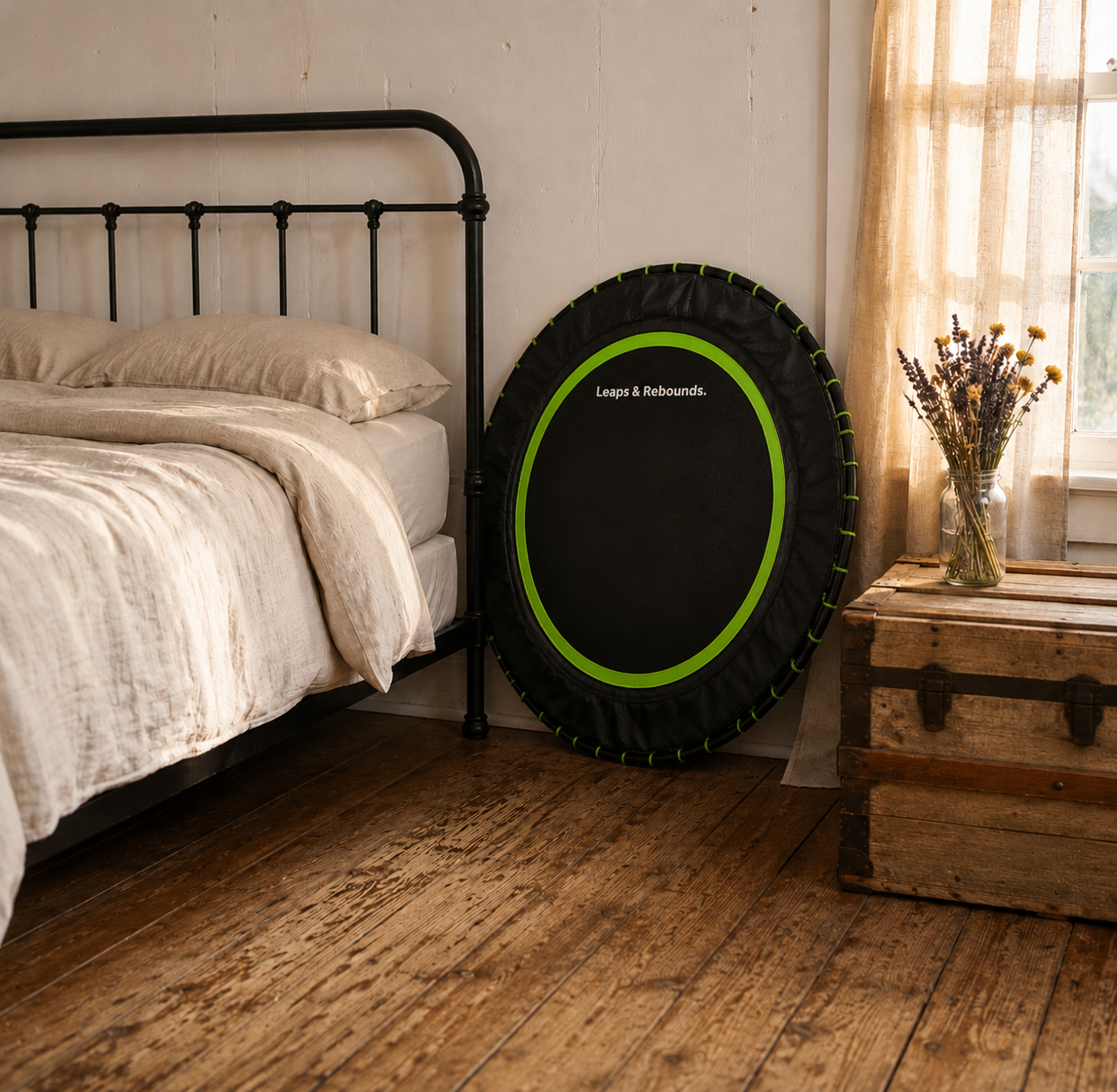 A Leaps and Rebounds rebounder leaning against a bed in a cozy bedroom, next to dried lavender flowers.