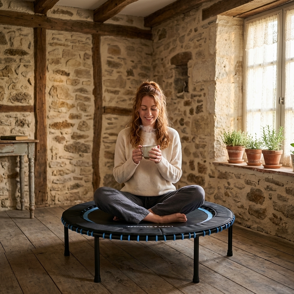 Woman sitting cross-legged on a Leaps and Rebounds rebounder, holding a mug in a cozy stone room.